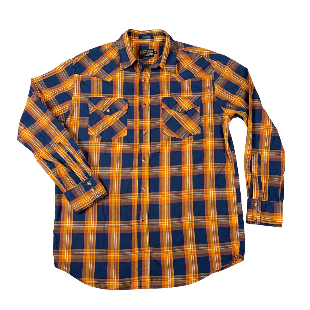Pendleton Frontier Western Shirt Mens Medium‎ Orange Navy Blue Plaid Pearl Snap